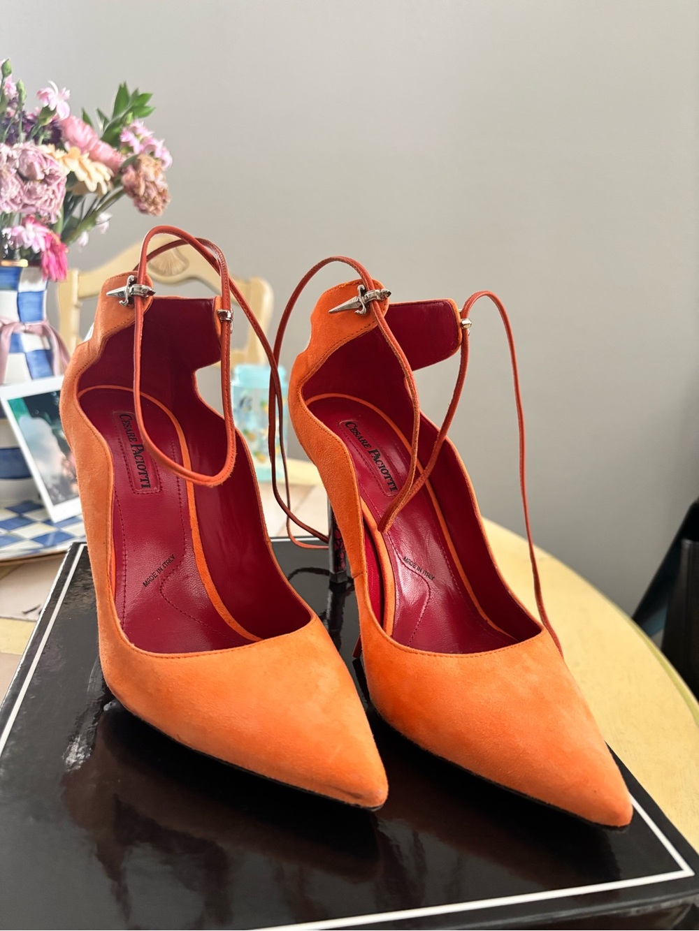 Cesare Paciotti Orange Suede Pointed-Toe Ankle-Strap Pumps